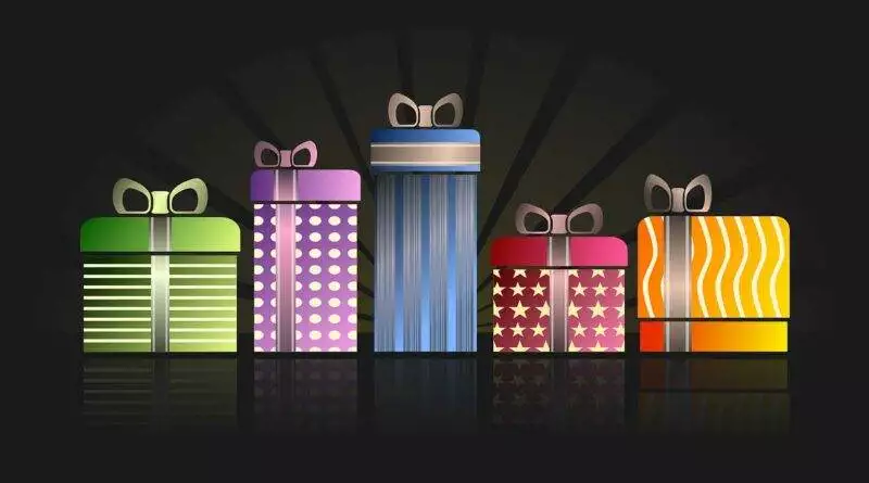 Bunte Geschenkboxen auf schwarzem Hintergrund, Vektor | Preis 1 Gutschrift 1 USD für Weihnachtsgeschenke.